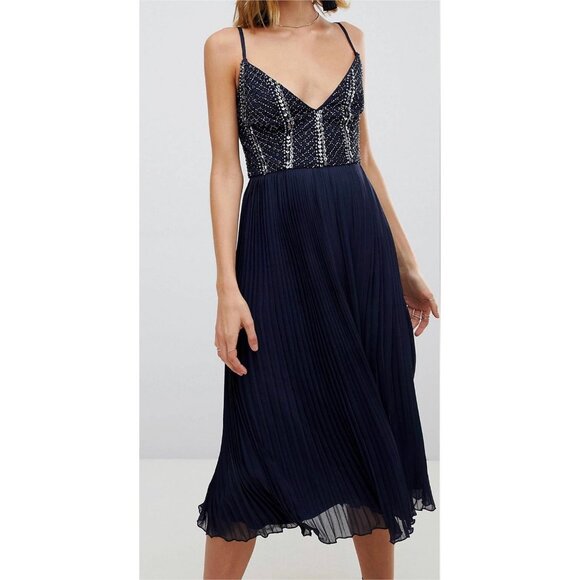 Lace & Beads Embellished Pleated Chiffon Cocktail Dress Midi Dress Blue Size S - Picture 2 of 11